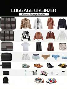 9pcs Portable Travel Organizer Set, Including Large Capacity Handbag, Cosmetic Brush Bag, Clothes Storage Bag, Shoe Bag, Flat Pocket, Bottle Bag, Drawstring Bag, Travel Suitcase, Luggage Dividers, Underwear Storage Bag, Perfect For Maternity And Travel, Suitable For Shirts, Underwear, Clothes, Cosmetic And Toiletry Items Including Makeup Powder, Liquid Foundation, Eye Shadow, Eye Liner, Powder Puff, And Other Cosmetic Tools Such As Eyelash Curler And Lip Liner,Boho Vibes