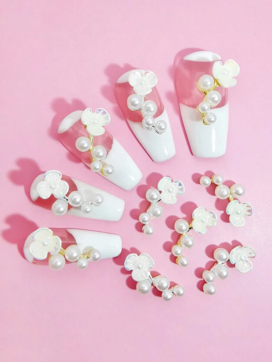 10入組珍珠花卉合金美甲飾品，3D金/銀色金屬花形美甲裝飾，適用於女性 - 彩色 - 查看 1