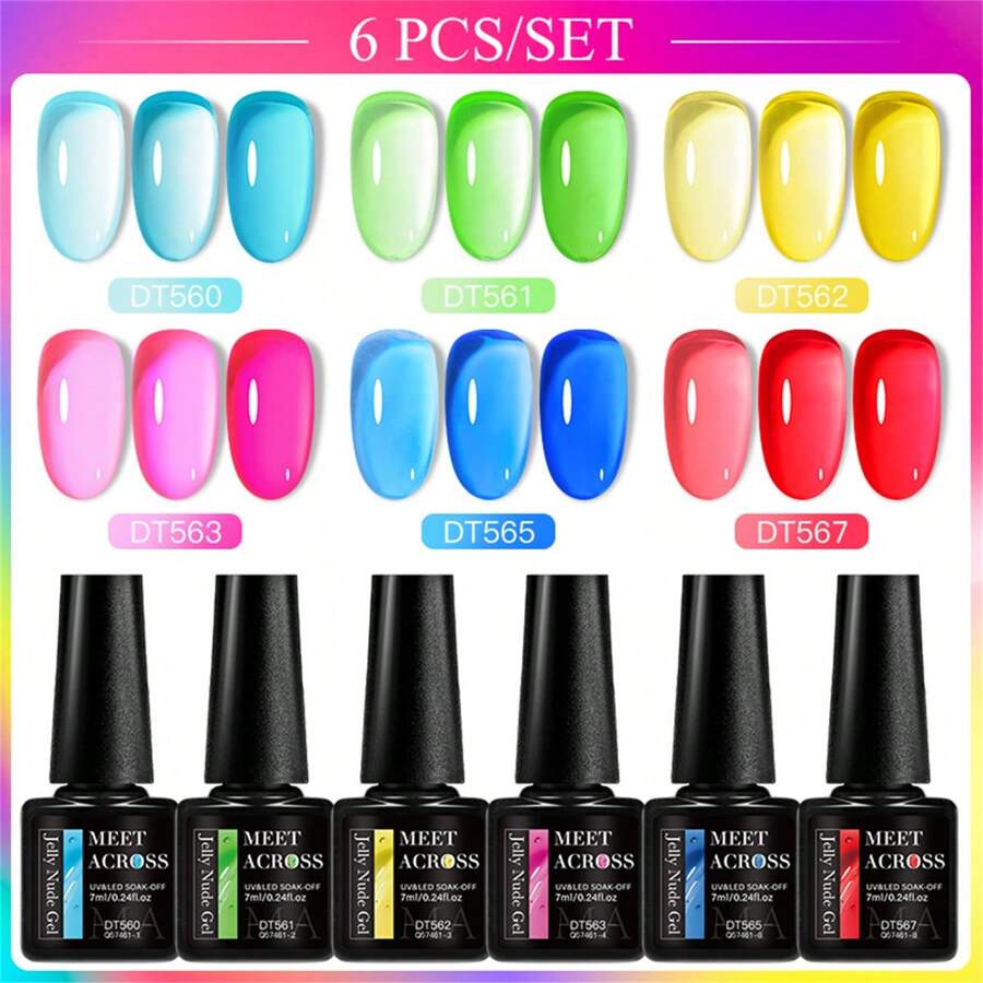 MEET ACROSS 6pcs Crystal Jelly Glass Gel Nail Polish Set, 7ml Semi-Transparent Candy Color Gel Nail Polish Set, Semi-Permanent Mixed Nail Polish, Glass Candy Series Jelly Gel Nail Polish, Removable UV/LED Nail Gel Manicure Set, Nail Art Supplies, Home Salon Gift, For Women - 彩色 - 查看 1