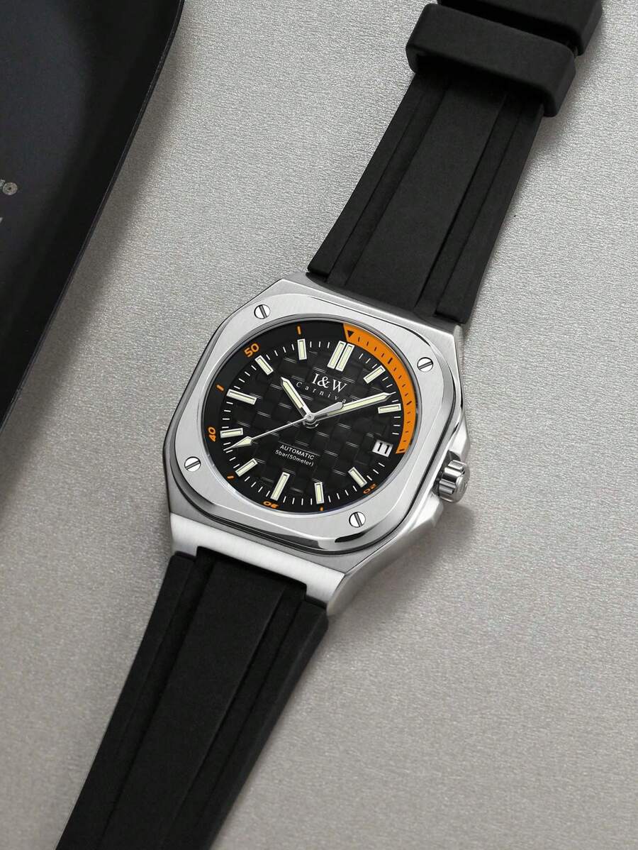 I&W CARNIVAL.HWGUOJI 1入I&W品牌女士機械腕表方形表盤商務風格防水橡膠錶帶高端手錶 - 黑色 - 查看 1