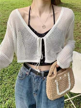 1 件女士系带镂空冰丝针织披肩，轻质长袖背心开衫，夏季配饰女士
