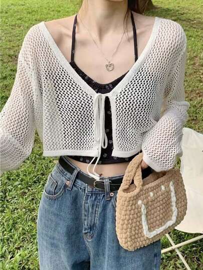 1 件女士系带镂空冰丝针织披肩，轻质长袖背心开衫，夏季配饰女士