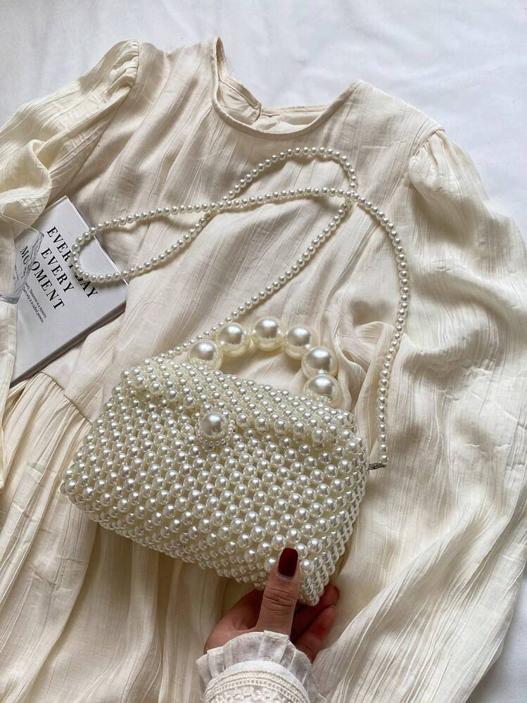 Women's Simple Beaded Crossbody Bag, Handmade Woven Bag Suitable For Summer, Versatile Horizontal Faux Pearl Bag, Handbag, Purse, Shopping Bag, Evening Bag, Fashion Style, For Daily Commute, Travel, Shopping, Events, Elegant Pearl Clutch, Prom Bag - White - View 6