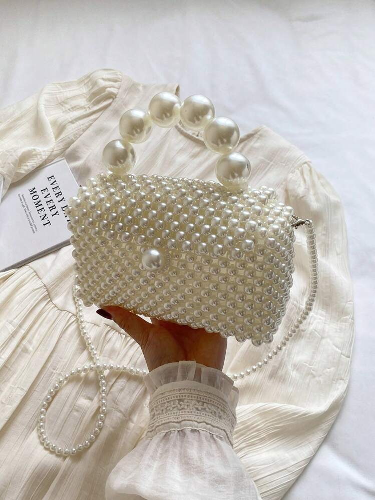 Women's Simple Beaded Crossbody Bag, Handmade Woven Bag Suitable For Summer, Versatile Horizontal Faux Pearl Bag, Handbag, Purse, Shopping Bag, Evening Bag, Fashion Style, For Daily Commute, Travel, Shopping, Events, Elegant Pearl Clutch, Prom Bag - White - View 4