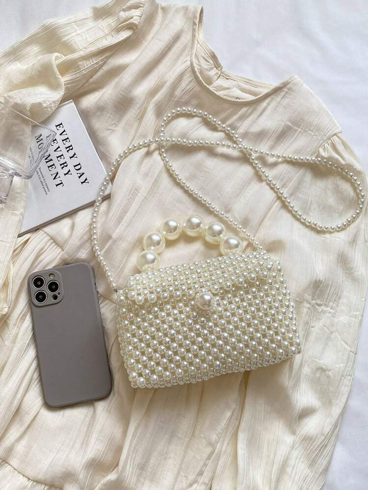 Women's Simple Beaded Crossbody Bag, Handmade Woven Bag Suitable For Summer, Versatile Horizontal Faux Pearl Bag, Handbag, Purse, Shopping Bag, Evening Bag, Fashion Style, For Daily Commute, Travel, Shopping, Events, Elegant Pearl Clutch, Prom Bag - White - View 8