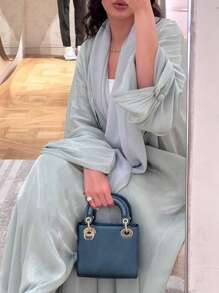 1件女士優雅開襟閃亮絲質阿巴亞，適合日常聚會，阿拉伯穆斯林土耳其寬鬆長袍