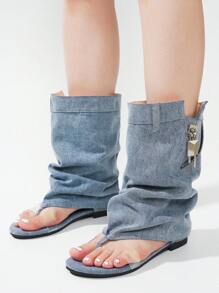 Women's  Slouchy Sandals With Zipper Detail - Single Round Toe Slip On Flat For Casual Stroll - Màu xanh lam - Xem 3