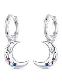 1 đôi 100% Bạc 925 Sáng Bóng CZ Pha Lê Nhiều Đá Mặt Trăng Đôi Khuyên Tai Vòng Cho Nữ Thời Trang Tai Khóa Tiệc Cưới Món Quà Trang Sức - Bạc - Xem 1