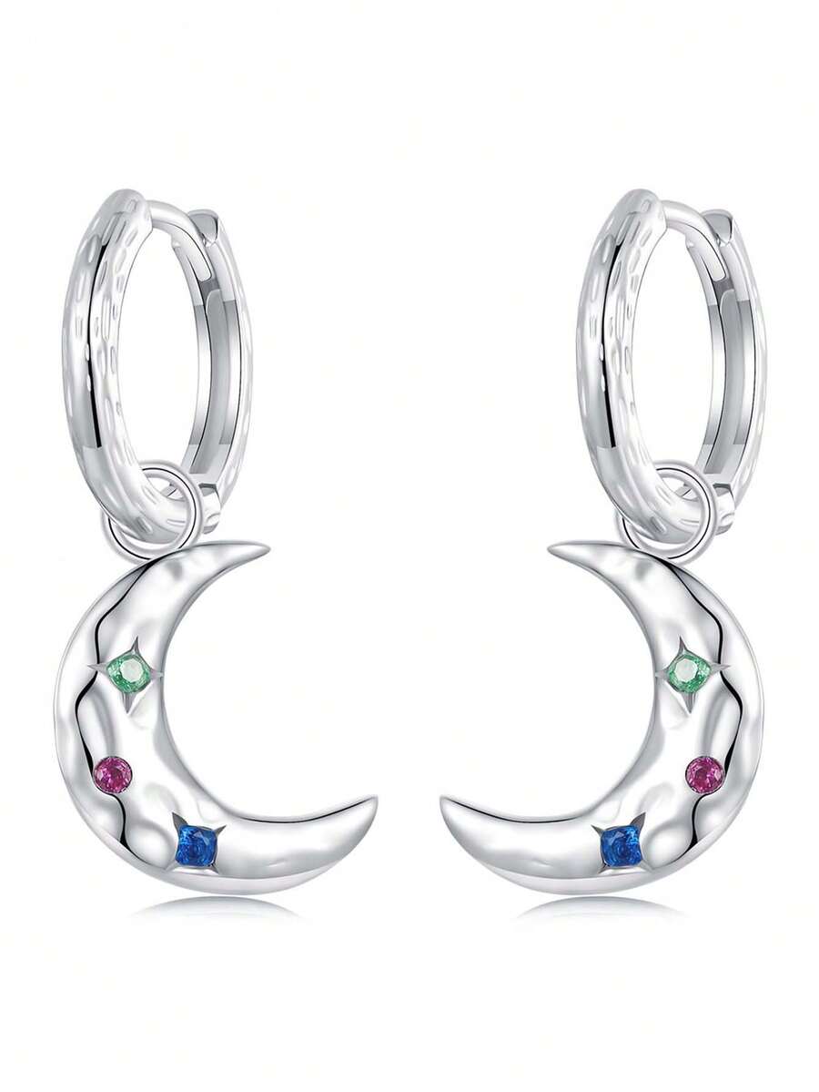 1 đôi 100% Bạc 925 Sáng Bóng CZ Pha Lê Nhiều Đá Mặt Trăng Đôi Khuyên Tai Vòng Cho Nữ Thời Trang Tai Khóa Tiệc Cưới Món Quà Trang Sức - Bạc - Xem 1