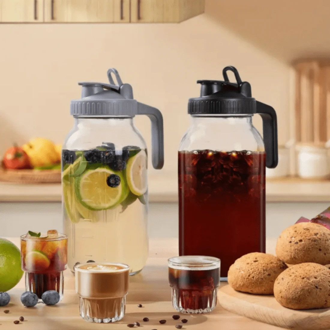 Glass Pitchers With Lid, Leak-Proof Airtight Mason Jars, Wide Mouth