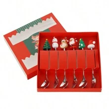 不锈钢圣诞礼物餐具套装，可爱的甜点勺和叉子，圣诞礼物礼物，礼品盒包装，配有圣诞老人、雪人、圣诞礼物树和袜子形手柄，非常适合茶、咖啡、甜点和混合居家房间装饰、厨房、圣诞礼物、学校用品 - 彩色 - 查看 14