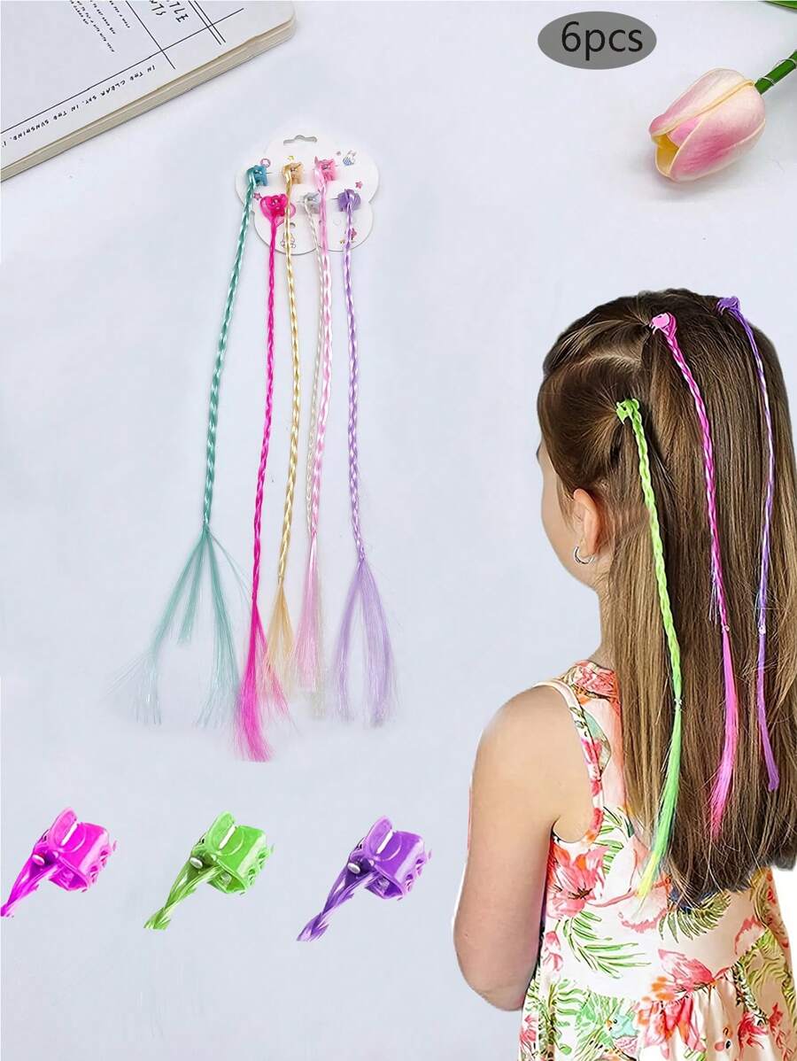 6pcs New Children's Hair Rope Set, Ins Colorful Personalized Wig Braid, Macaron Colored Hair Clip, Cool Girl Cute Hairpin, Fashionable Decoration For Festivals & Parties - View 1