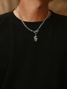 1pc Handcrafted Punk Style Stainless Steel Cross Pendant Necklace For Men, Daily Wear Accessory - Silver - View 5