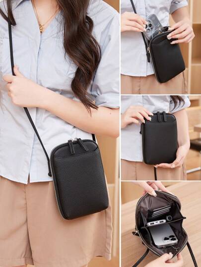 MIYIN Women's Casual PU Zip Around Wallet & Mobile Phone Bag For Daily Minimalist Solid Color Crossbody Bag With Double Zipper & Adjustable Strap Litchi Embossed Vertical Wallet With Card Slots & Front Pocket & Keychain For Credit Card/ ID Card/ / Cash/Cell Phone/Bank Card/Key For Lady & White-Collar Workers Shopping Travel Commute Office Work Phone Phone Pouch (Black) For Women Wallet Purse Wallet