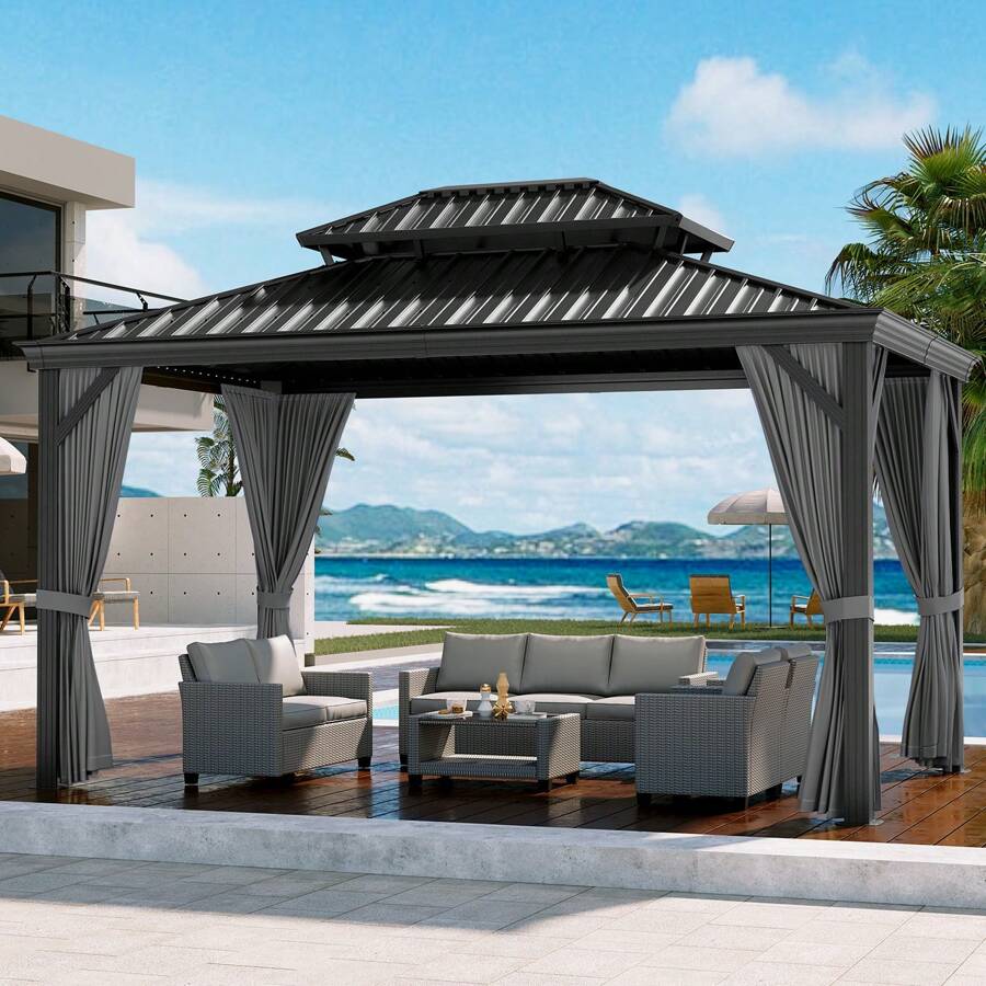 10x12ft Hardtop Gazebo Double Roof With Nettings And Curtains, Aluminum