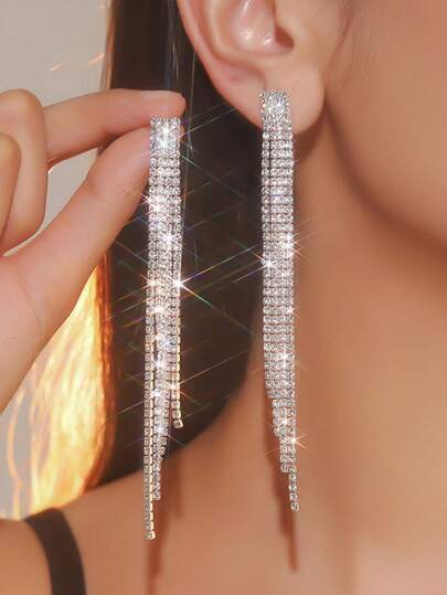 New Sexy Long Tassel Earrings With Rhinestone Decor For Women, Elegant And Slimming Accessory For Daily Wear And Holiday Party