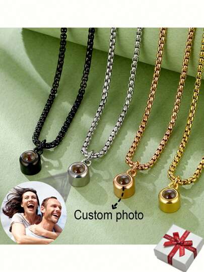Personalized Men's Projection Photo Necklace, Custom Stainless Steel Retro Thick Chain Square Faux Pearl Chain, Boyfriend Memorial Jewelry Customized Family Couple Anniversary Commemorative Nanotech Projection Pendant Birthday Gift, Christmas Gift For Family And Kids,Gold,Silver,Black,Rose Gold,Stylish,Colorful,Vintage,Simple,Unisex,Casual,Cuties,Custom,Personalized,Unique,Ideal Gifts For Him,Ideal Gifts For Her,Her,Boyfriend,Girlfriend,Dad,Mom,Family,Friends,For Anniversaries,For Birthdays,For Graduation,For Prom,For Party,Stainless Steel Jewelry