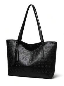 女士PU骷髏哥德風格隨機印花流蘇配件大容量時尚多功能外出肩背包