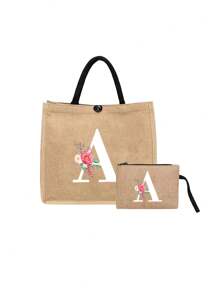 Linen Tote Bag, Including A Printed Initials A-Z Tote Bag And A Printed Small Bag, Black Letters, Flowers, Personalized Gift Package, Yellow Linen Black Tote Bag With Black Buckle, Combination Of Small And Large Bag