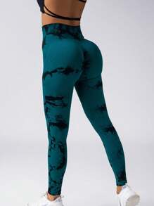 女士瑜珈健身跑步扎染戶外運動束腿褲 - 墨綠色 - 查看 1