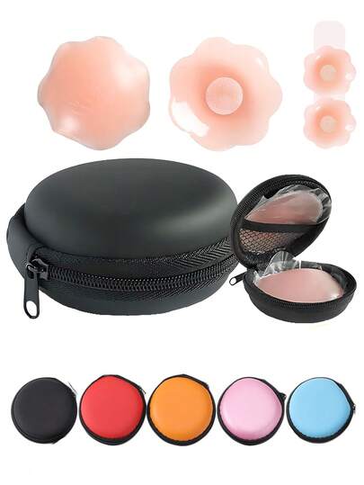 4pcs Colorful Silicone Bra Petals Storage Box, EVA Round Bra Pad Zipper Case, Mini Portable Waterproof Bra Sticker Holder