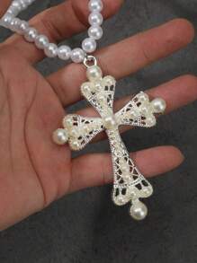 Hip-Hop Style Faux Pearl Studded Cross Collarbone Necklace, Unique Punk Necklace, Exaggerated Personalized Necklace, Unisex, Punk Cross & Faux Pearl Sweet Cool Collar Necklace For Women - Silver - View 4