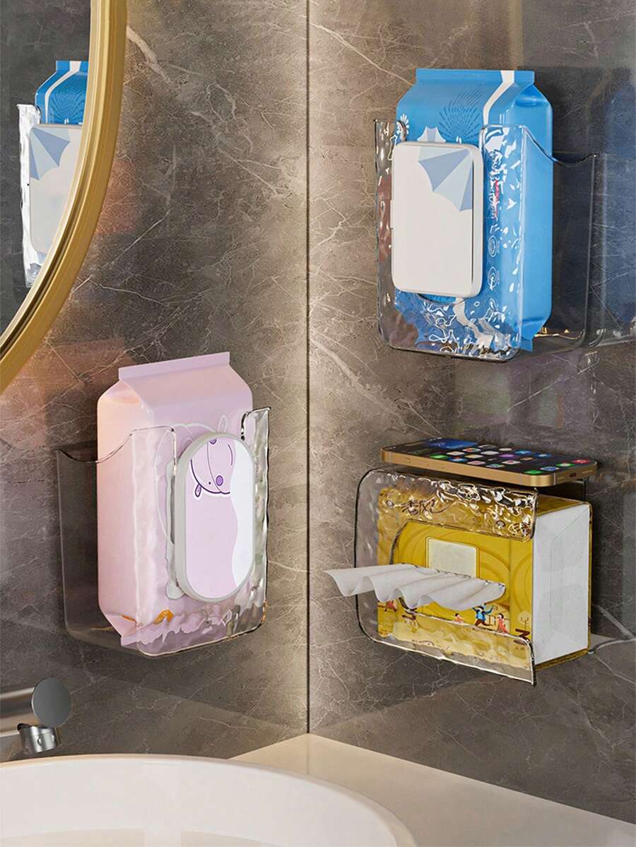 1 Cái/Hộp Đựng Khăn Giấy, Hộp Đựng Khăn Giấy Chất Liệu PET Treo Tường Cho Phòng Khách, Nhà Bếp, Phòng Tắm Và Phòng Ngủ, Thiết Kế Trong Suốt Cao Cấp Không Cần Khoan
