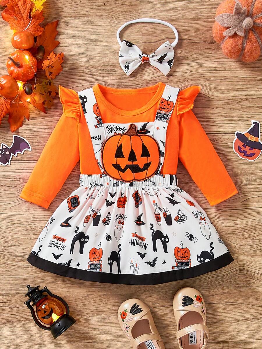H HIBOBI 3 pièces/Set Tenue bébé fille automne: T-shirt à manches longues imprimé citrouille et chauve-souris, pantalon et serre-tête - Orange - Voir 1