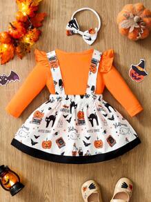 H HIBOBI 3 pièces/Set Tenue bébé fille automne: T-shirt à manches longues imprimé citrouille et chauve-souris, pantalon et serre-tête - Orange - Voir 2