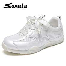somiliss Sporty Slip-Resistant Women's Athletic Shoes, Front Tied Genuine Leather Mesh Breathable Comfortable Faux Pearl White Soft Lightweight Tennis Running Shoes, 2024 Summer Low Vamp Versatile Flat Outdoor Walking Shoes - Pearl White - View 10