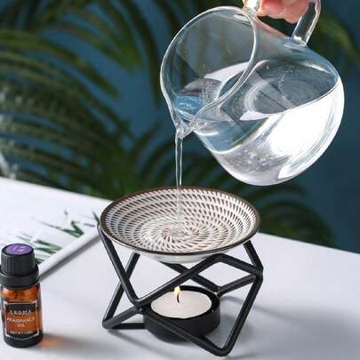 1入組鐵藝創意幾何方形和圓形極簡風格香薰燃燒器油燈燭臺套裝，家居使用（包含陶瓷碗，燭不包含在內）