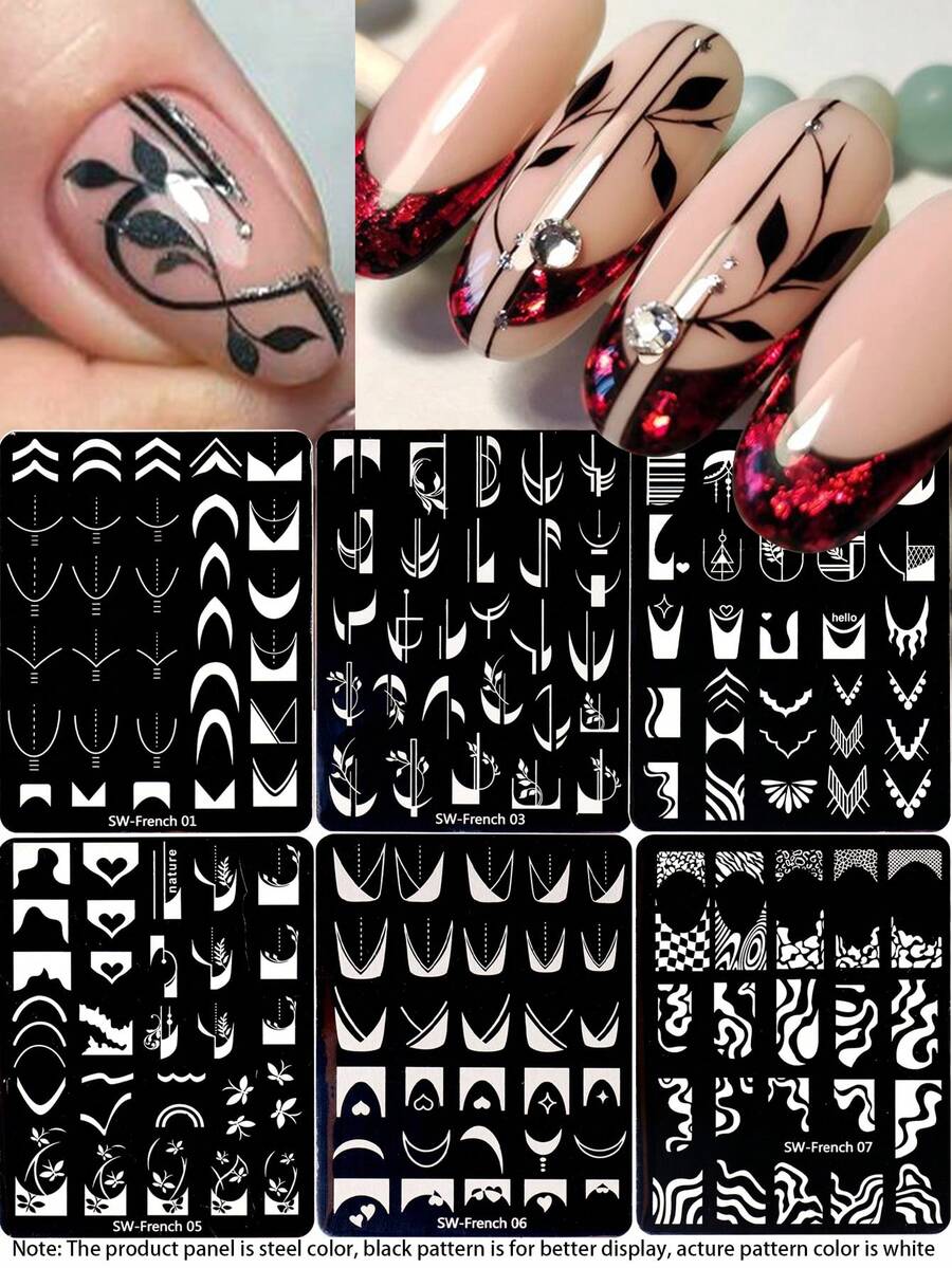 2 件法式线条美甲印花板 3D 叶子蝴蝶花朵波浪线法式线条图像设计印刷模板美甲配件工具，美甲沙龙 - 銀色 - 查看 1