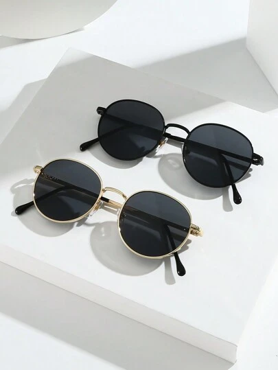 2副复古小圆框女士时尚眼镜，沙滩配饰，适合夏季海滩度假、户外旅行，复古风格超大圆框，适合外出装扮、返校季。