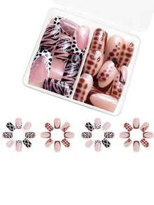 2套48入短方形亮條紋波點即貼假指甲，包含果凍凝膠和指甲文件，適用於秋季女士美甲裝飾 - 彩色 - 查看 2