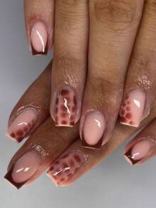 2套48入短方形亮條紋波點即貼假指甲，包含果凍凝膠和指甲文件，適用於秋季女士美甲裝飾 - 彩色 - 查看 4