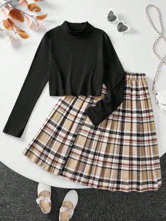Girls' 2pcs Long Sleeve T-Shirt & Plaid Pleated Skirt Set, College Style, Suitable For Autumn And Winter