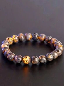 1pc Luminous Flint Stone Beads Bracelets Jade Beaded Bracelet Obsidian Elastic Bracelet Fashion Men Women Elastic Yoga Charm Bracelet (8mm) - Grey - View 7