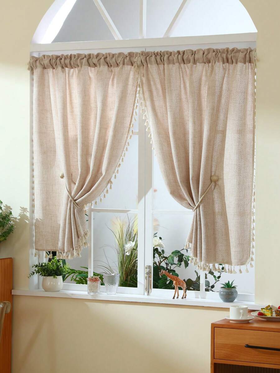 1pc Faux Linen Fringe Small Window Curtain, Beige Color, American Country Style Room Divider Curtain, Suitable For Living Room, Bedroom, Window, Cabinet And Door Decoration, Tie Rope Not Included