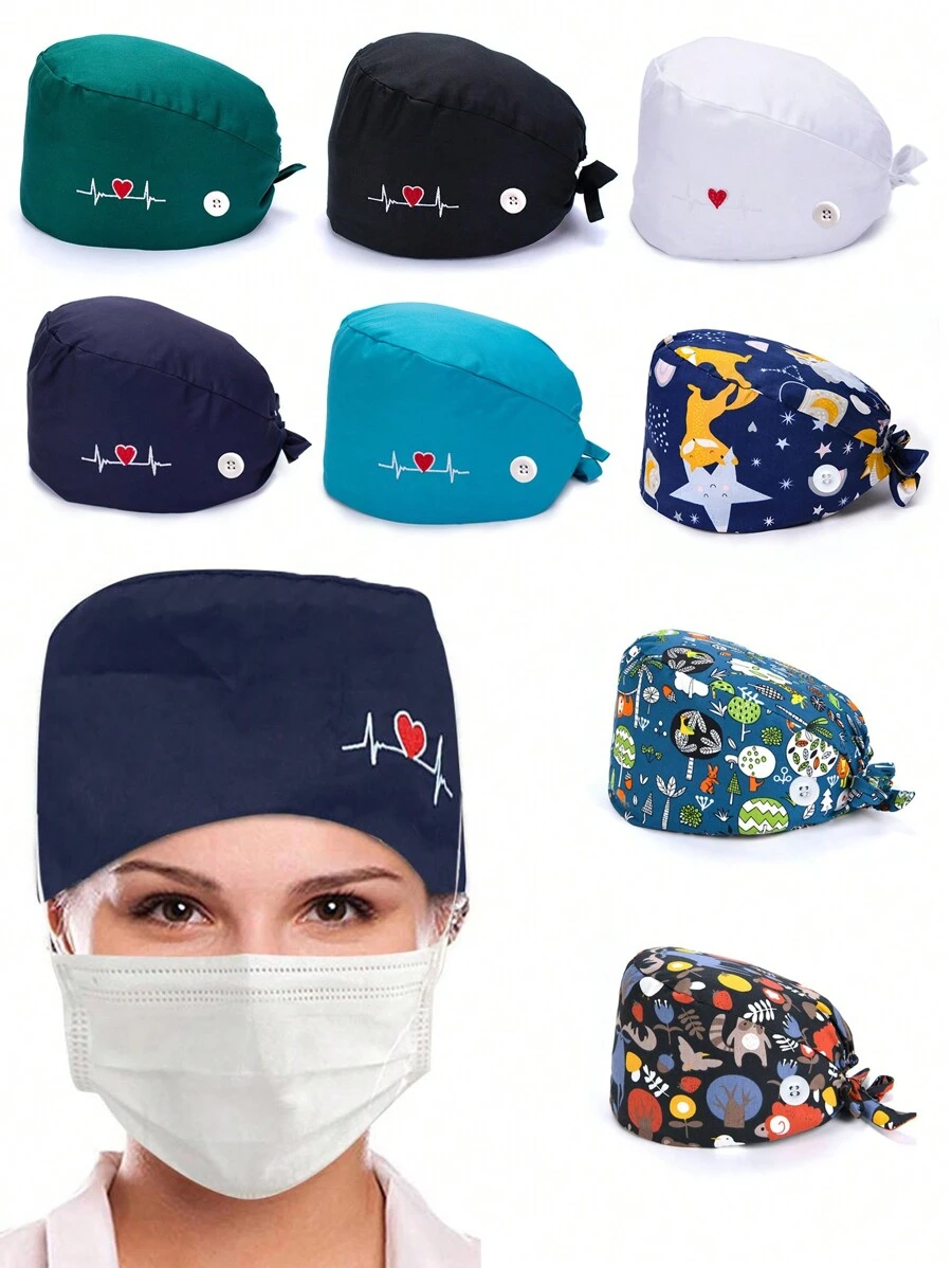1 pieza Gorro de trabajo de médico de moda con estampado, gorro casual para sala de operaciones para enfermera, gorra quirúrgica a prueba de polvo con bordado y botón, Día de San Valentín - Multicolor - Ver 1