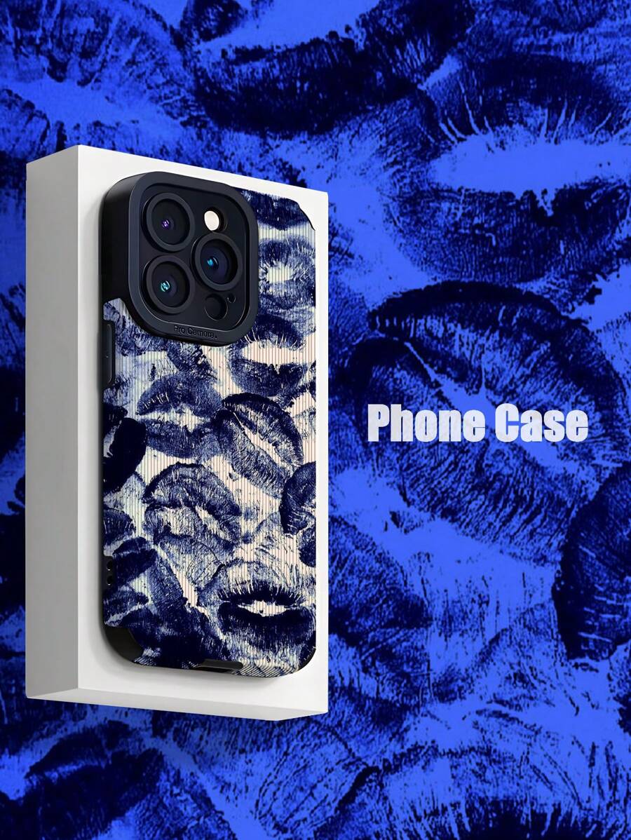 1pc New Retro Blue Lip Print Stylish Personalized Pattern 3D Faux Leather Anti-Drop Phone Case Compatible With IPhone And Compatible With Samsung - Multicolor - View 1