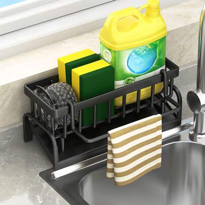 1pc Kitchen Sink And Bathroom Organizer Rack, Sponge Holder For Faucet, Soap, Brush, Towel, Scrubber Drain Storage, For Household Essentials,Kitchen,Summer Beach Party,Food,Camping,Organizer,Room Decor,Kitchen Items.