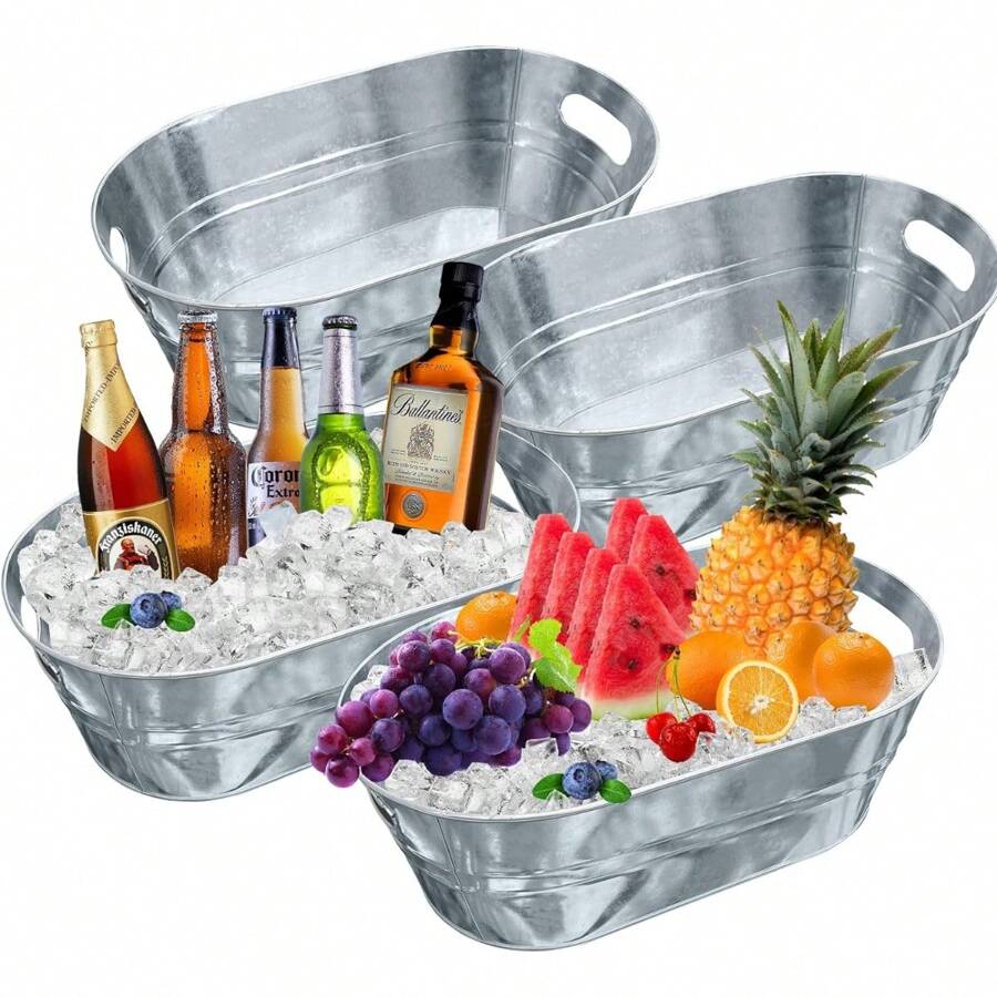 4PCS 4 Gallon Galvanized Tub With Carry Beer Drink Storage Cooler Metal Beverage Ice Tub Galvanized Ice Buckets For Party