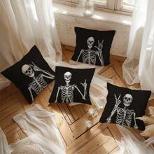 MEMNUN 4 件 17.7*17.7 英寸(45*45厘米)/19.69*19.69 英寸(50*50厘米)/15.75*15.75 英寸(40*40厘米) 骷髅手势抱枕套 [单面印花] [无枕芯]，采用桃色天鹅绒面料制成，适合万圣节氛围、家居装饰、表达爱意、礼物、派对、卧室、客厅、沙发、艺术、奢华