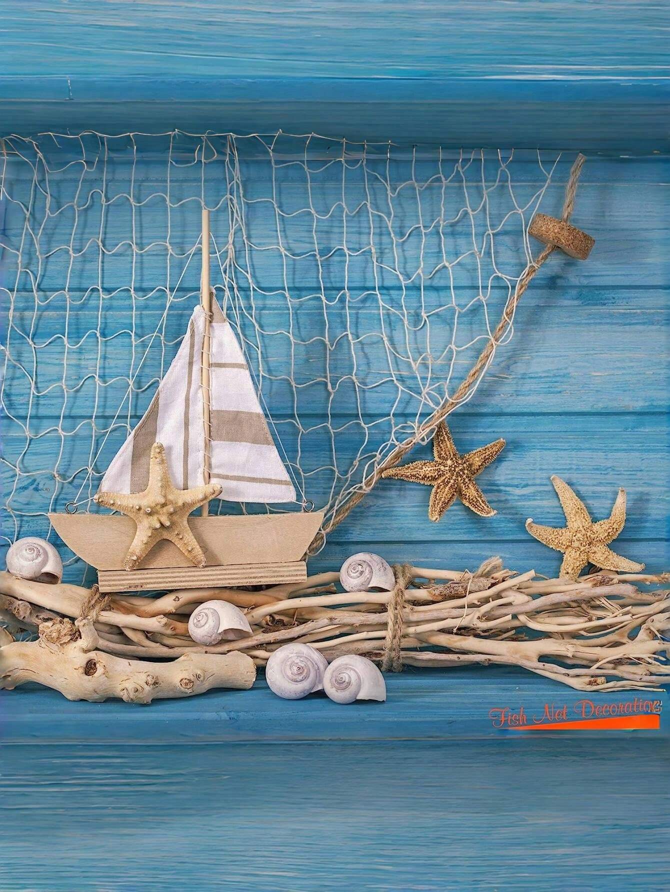 Decorazione Nautica Martima Con Rete Da Pesca Su Legno Marrone