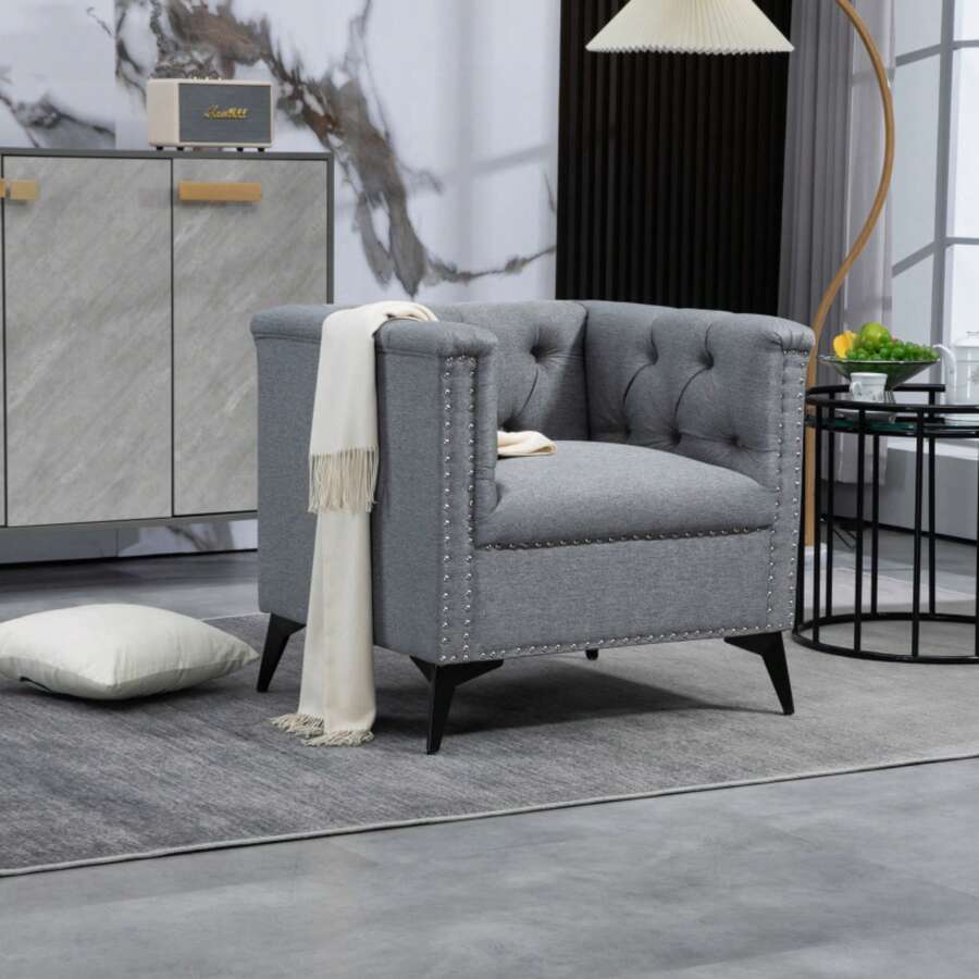 Accent Chair Living Room Chairs Single Sofa Chair Arm Chairs With Linen Fabric Mid Century Accent Arm Chairs Comfy Reading Lounge Club Armchair For Bedroom Office Study - 灰色+金屬 - 查看 1