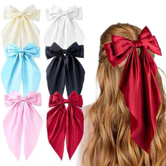 6入組女士髮箍，大蝴蝶結髮夾適用於女孩，光滑的緞面絲髮結帶超大長尾，大型髮夾可愛美觀，金屬絲扣裝飾髮夾，中性色