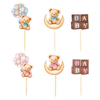 12PCS Blue/Pink Little Bear Print Paper Cupcake Decoration Toppers For Frist Birthday Gender Reveal Party Decoration Supplies,Christmas
