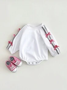 Pelele de manga larga con lazo lindo para bebé recién nacido niña, primavera y otoño - Blanco - Ver 5
