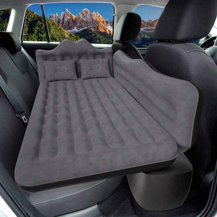 Car Air Mattress Inflatable Back Seat Air Beds Thick Sleeping Pad Thickened Car Camping Pad SUV Truck Travel Backseat Mattress With Electric Air Pump 2 Pillows, Black - 黑色 - 查看 1