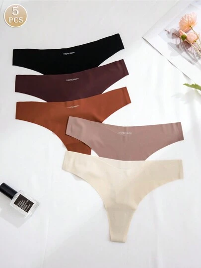 5 piezas Tangas sin costuras cómodas y transpirables de una sola pieza para mujer con diseño multi-color de nylon y adhesivo.